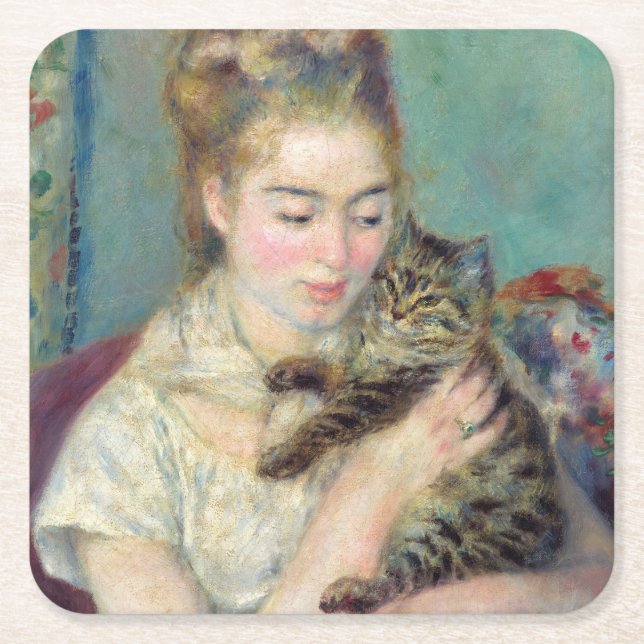 Pierre-Auguste Renoir - Frau mit Katze Rechteckiger Pappuntersetzer (Vorderseite)