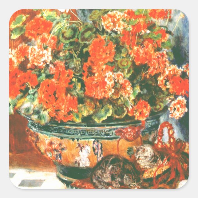 Pierre-Auguste Renoir Geraniums and Cats Quadratischer Aufkleber (Vorderseite)