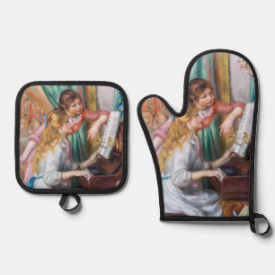 Pierre Auguste Renoir - Junge Mädchen am Piano Ofenhandschuh & Topflappen-Set