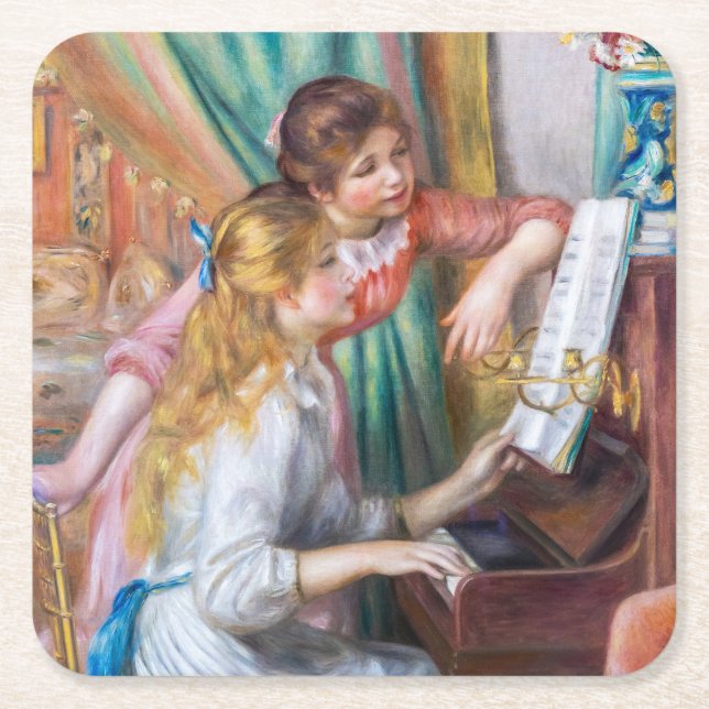 Pierre Auguste Renoir - Junge Mädchen am Piano Rechteckiger Pappuntersetzer (Vorderseite)