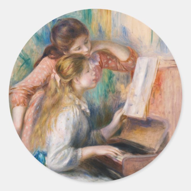 Pierre Auguste Renoir - Junge Mädchen am Piano Runder Aufkleber (Vorderseite)