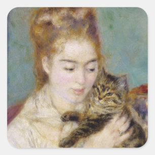 Pierre eine Renoir   Frau mit einer Katze Quadratischer Aufkleber