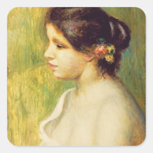 Pierre eine Renoir   junge Frau mit Blumen am Ohr Quadratischer Aufkleber