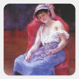 Pierre Renoir- Sleeping Girl (Mädchen mit Katze) Quadratischer Aufkleber