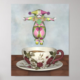 Pierrot Clown Doll springt in einen Teecup Poster