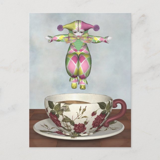 Pierrot Clown Doll springt in einen Teecup Postkarte (Vorderseite)