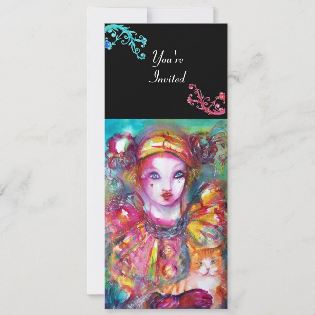 PIERROT MIT CAT / Mardi Gras Masquerade Party Einladung (Vorderseite)