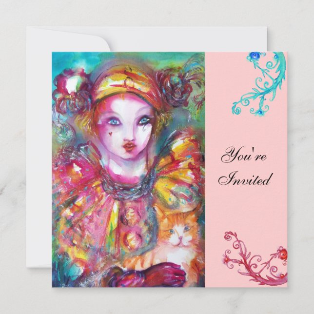 PIERROT MIT CAT / Mardi Gras Masquerade Party Einladung (Vorderseite)