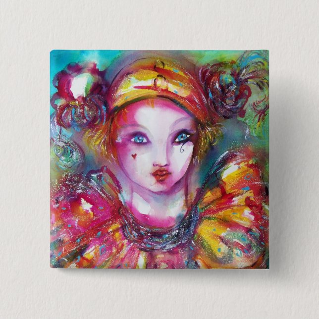 PIERROT MIT KATZE/Venezianischen Maskenmasken Button (Vorderseite)