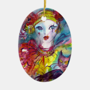 PIERROT MIT KATZE/Venezianischen Maskenmasken Keramik Ornament