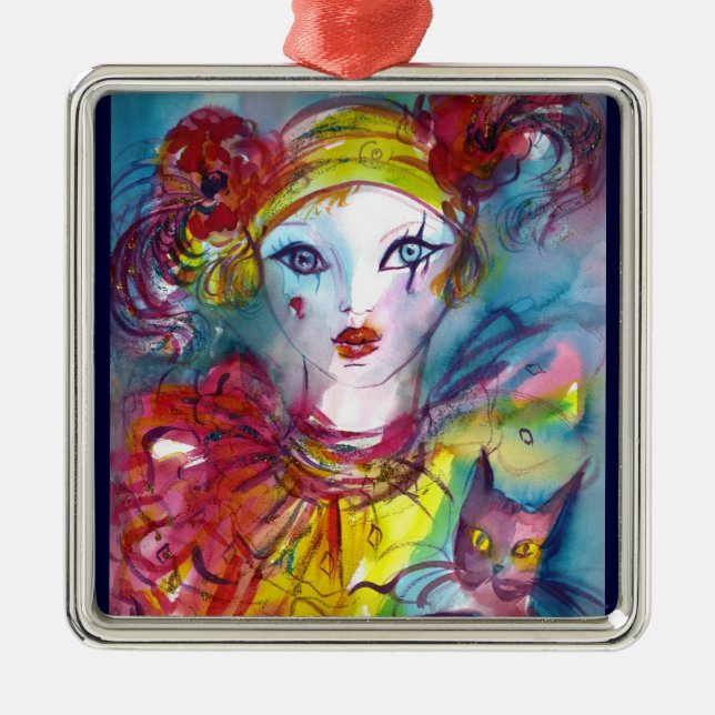 PIERROT MIT KATZE/Venezianischen Maskenmasken Ornament Aus Metall (Vorne)