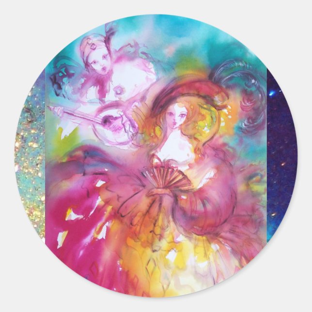 PIERROT UND ARLECCHINA Venezianischer Karneval, Runder Aufkleber (Vorderseite)