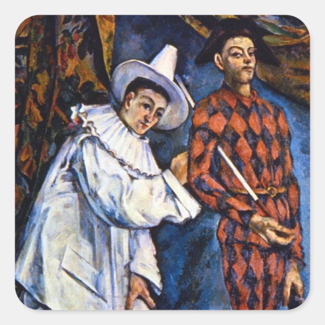 Pierrot und Harlequin, Mardi Gras von Paul Cezanne Quadratischer Aufkleber (Vorderseite)