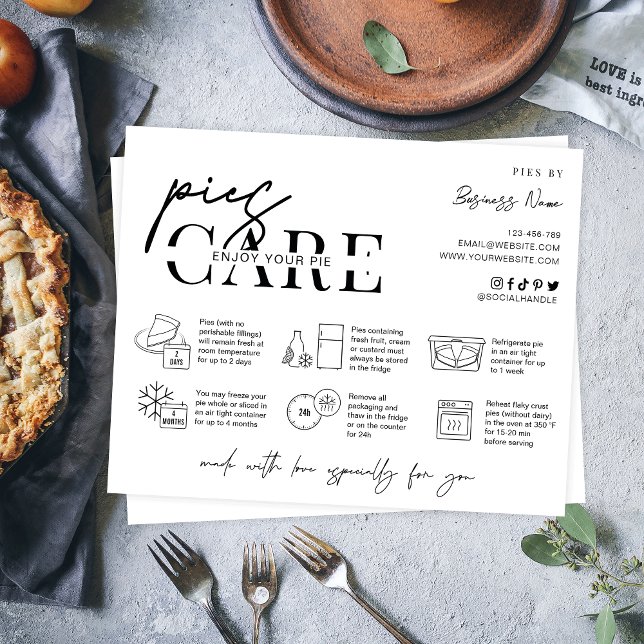 Pies Care Instructions Minimal Modern Logo Bakery Dankeskarte (Minimalist pie care instructions card with icons, space for your business info and thank you note)