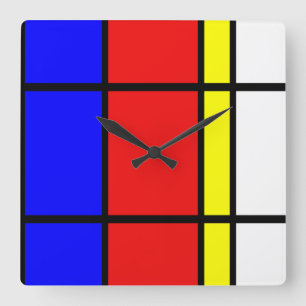 Piet Mondrian-Kunst-Art-moderne helle Farben Quadratische Wanduhr