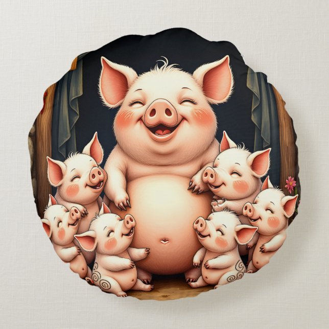  Pig Art – Mother & Piglets Rundes Kissen (Rückseite)