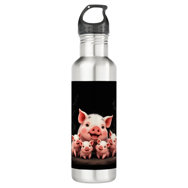 Pig Artwork – Mother Pig & Piglets Edelstahlflasche (Vorderseite)