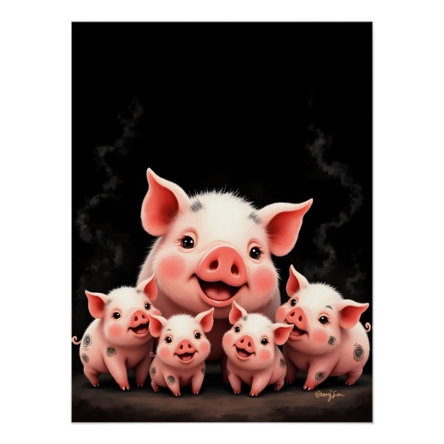 Pig Artwork – Mother Pig & Piglets Poster (Vorderseite)