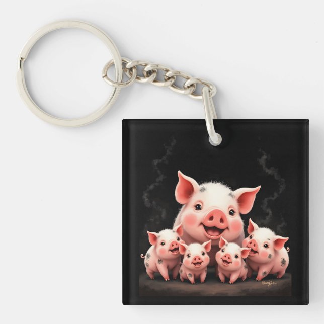 Pig Artwork – Mother Pig & Piglets Schlüsselanhänger (Vorderseite)