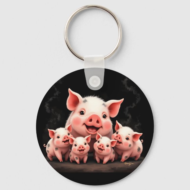 Pig Artwork – Mother Pig & Piglets Schlüsselanhänger (Vorderseite)