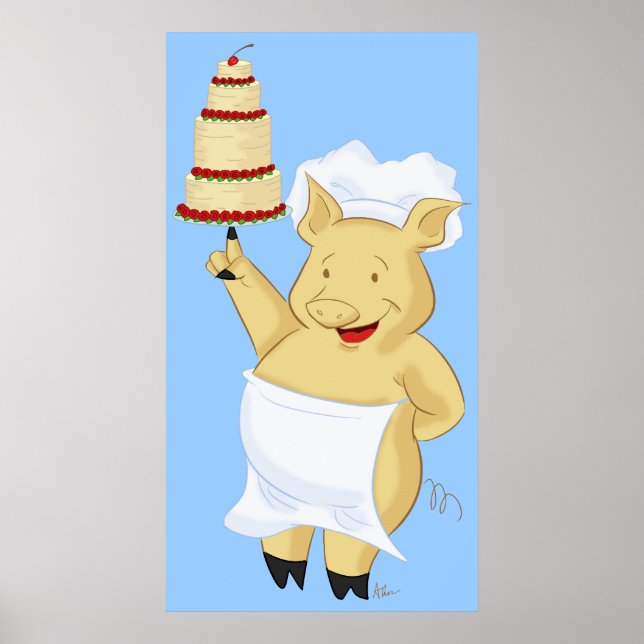 Pig Baker Holding Cake Poster Print (Vorne)