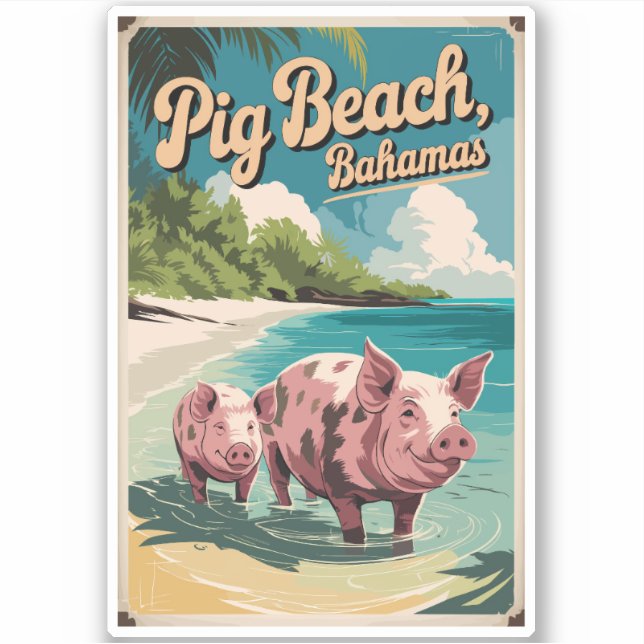 Pig Beach Bahamas Art Vintag Aufkleber (Vorderseite)
