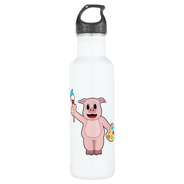 Pig beim Anmalen mit Pinsel und Farbe Edelstahlflasche (Vorderseite)