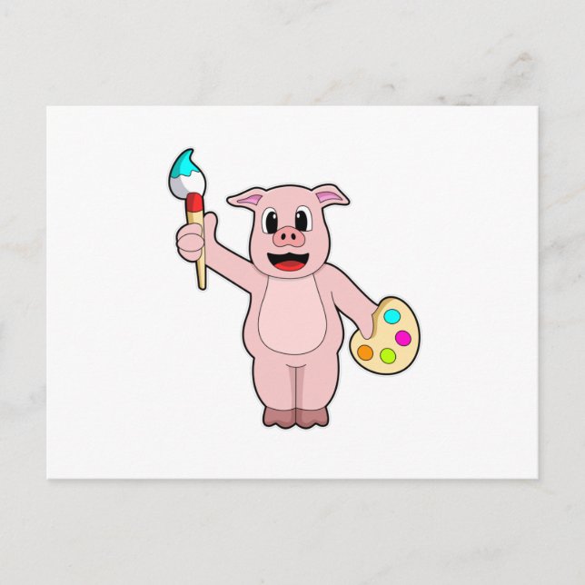 Pig beim Anmalen mit Pinsel und Farbe Postkarte (Vorderseite)