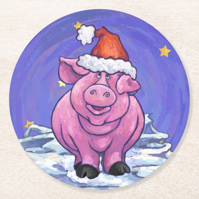 Pig Christmas Runder Pappuntersetzer (Vorderseite)