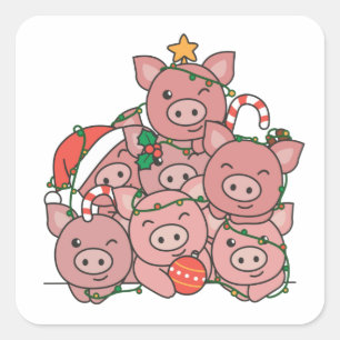 Pig Christmas Tree Funny Animal Christmas Quadratischer Aufkleber