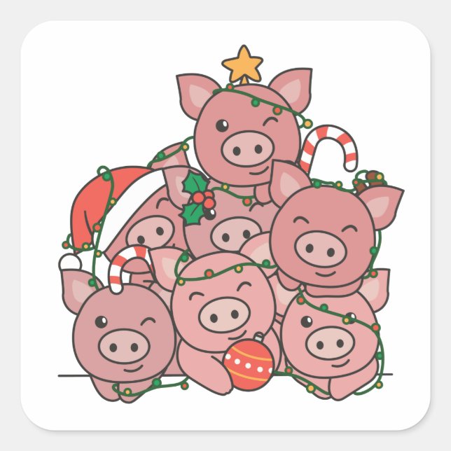 Pig Christmas Tree Funny Animal Christmas Quadratischer Aufkleber (Vorderseite)