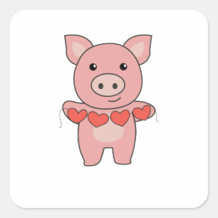 Pig For Valentine's Day Cute Animals With Hearts Quadratischer Aufkleber