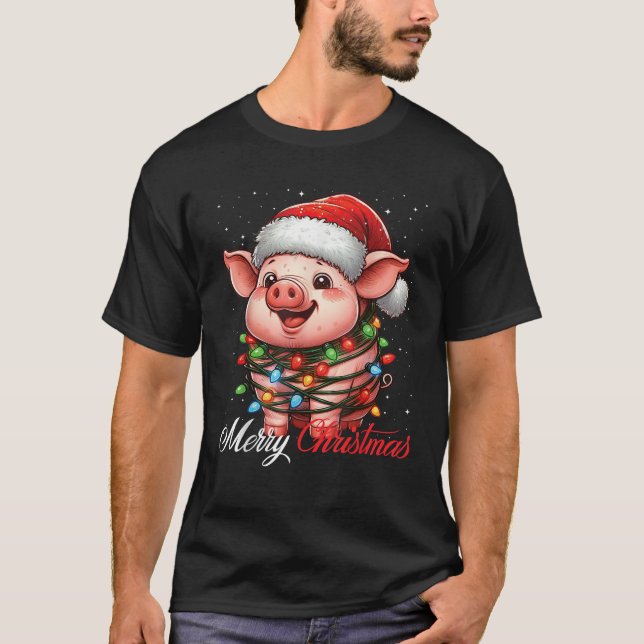 Pig Frohe Weihnachtslicht Weihnachtsmannmütze Weih T-Shirt (Vorderseite)