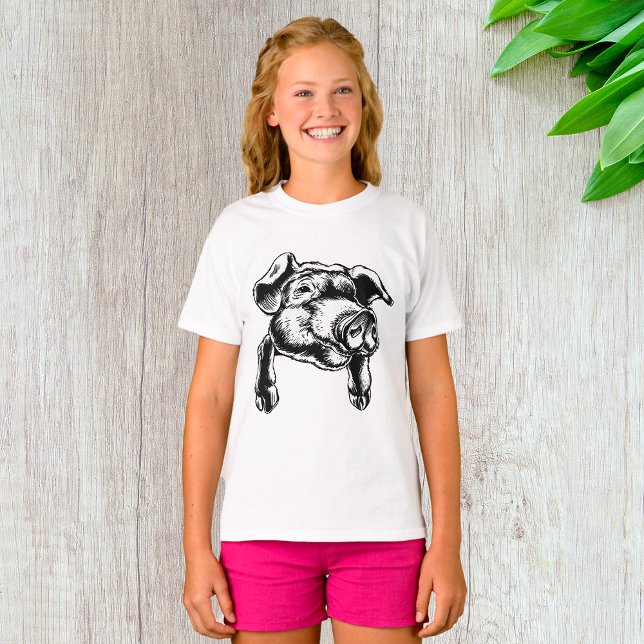 Pig Head Farm Animal Drawing in Black White T-Shirt (Von Creator hochgeladen)