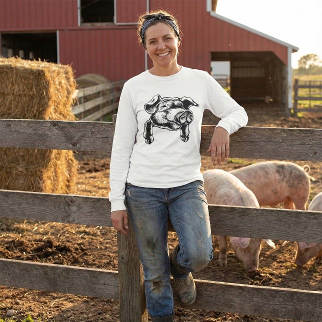 Pig Head Farm Animal Drawing in Black White T-Shirt (Von Creator hochgeladen)
