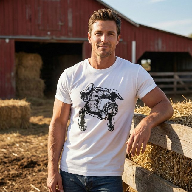 Pig Head Farm Animal Drawing in Black White T-Shirt (Von Creator hochgeladen)