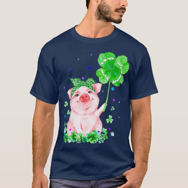 Pig Holding Kleeblatt Stars Niedlich St Patricks D T-Shirt (Vorderseite)
