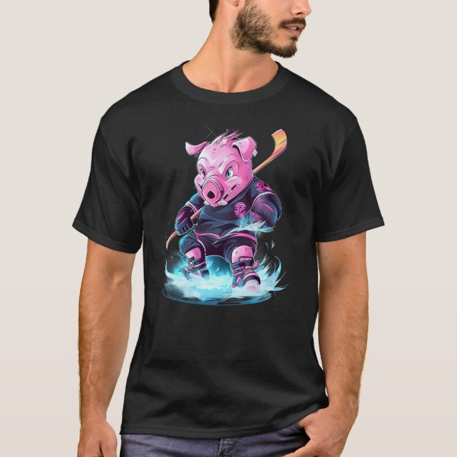Pig Ice Hockey Player Hockey Stick Goalie T-Shirt (Vorderseite)