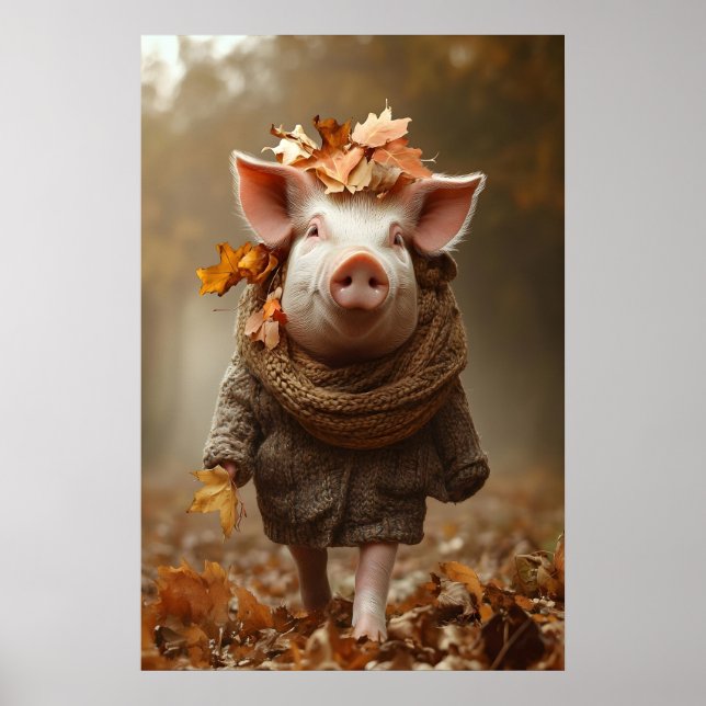 Pig in Fall Clothes Art Print, Rustic Autumn Home Poster (Vorne)