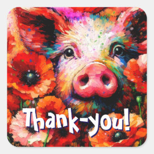 Pig in Red Poppy Blume Danke Quadratischer Aufkleber