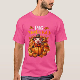 Pig Niedlich Patch Erntedank Pumpkins Herbstlaub T-Shirt