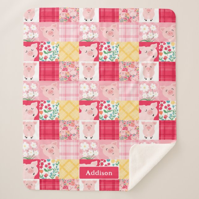Pig Patchwork Floral Rustikal Personalisiert Sherpadecke (Vorderseite)