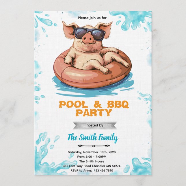 Pig Pool and bbq Party Invitation Einladung (Vorderseite)