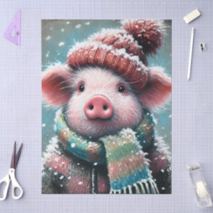 Pig Winter Hat Scarf Chalk-Pastel Decoupage Seidenpapier