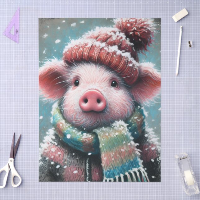 Pig Winter Hat Scarf Chalk-Pastel Decoupage Seidenpapier (Basteln)