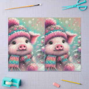 Pig Winter Hat Scarf Chalk-Pastel Decoupage Seidenpapier
