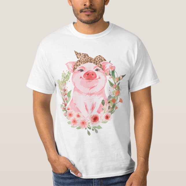 Pig With Leopard Headband Flower T Cute Pig Lover  T-Shirt (Vorderseite)