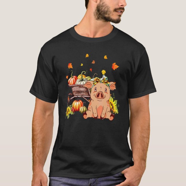 Pig With Wooden Wheelbarrow Leopard Pumpkin Sunflo T-Shirt (Vorderseite)