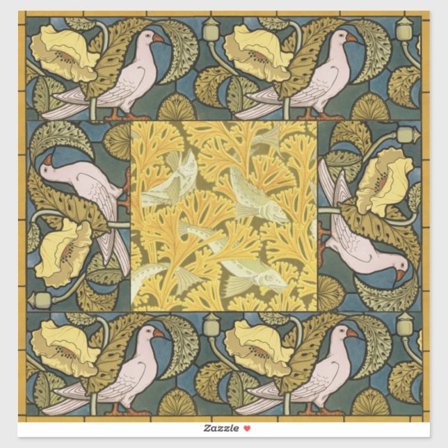 Pigeon Blue Yellow Fish Art Nouveau Aufkleber (Blatt)