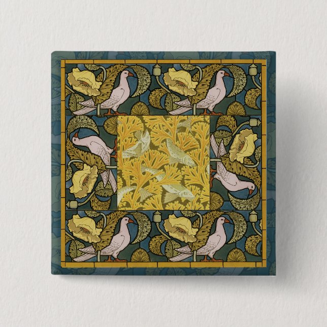 Pigeon Blue Yellow Fish Art Nouveau Button (Vorderseite)